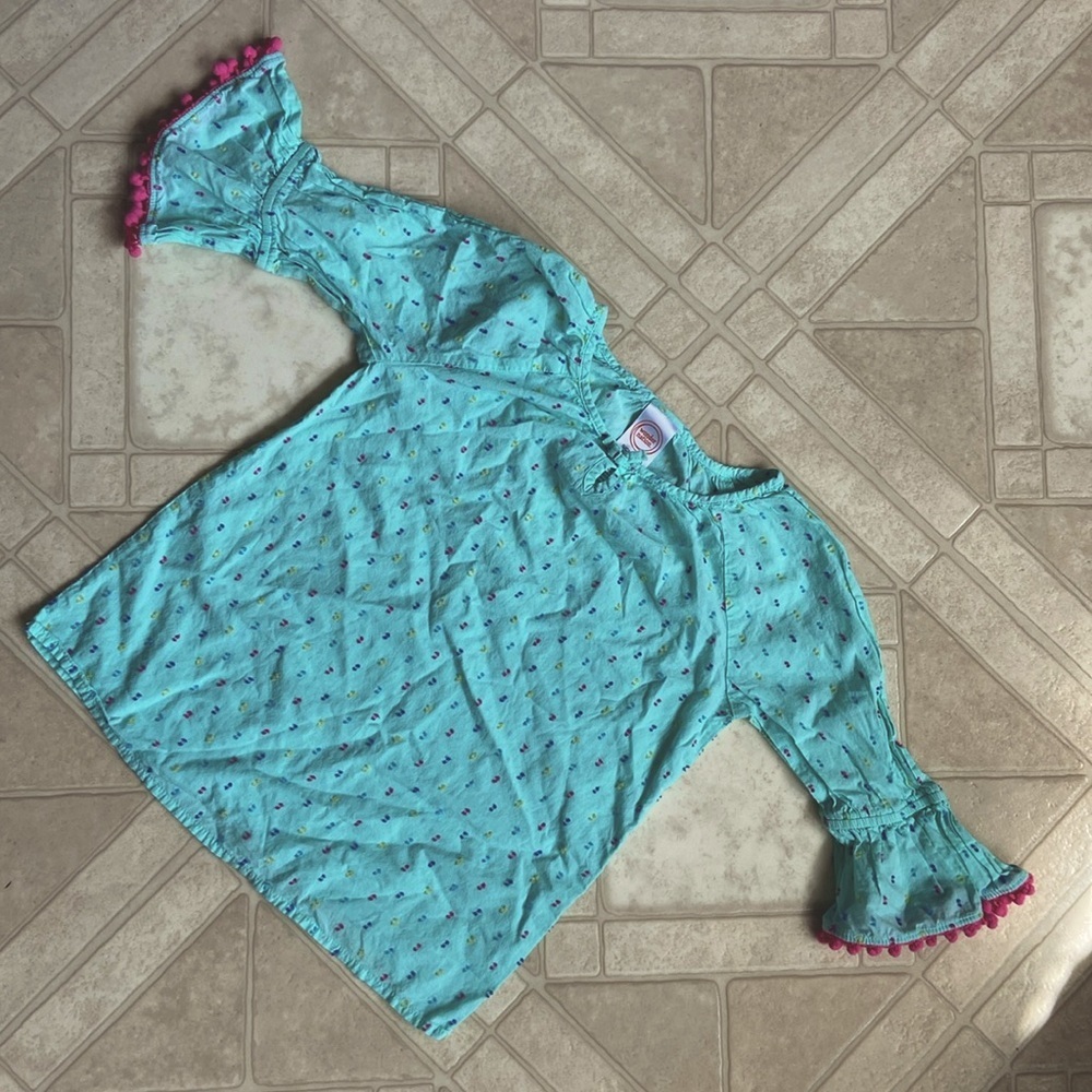 Girls Shirt MINTY for GREEN WOVEN TOP 3/4 Bell Sleeve size 6x Pom Pom sleeves